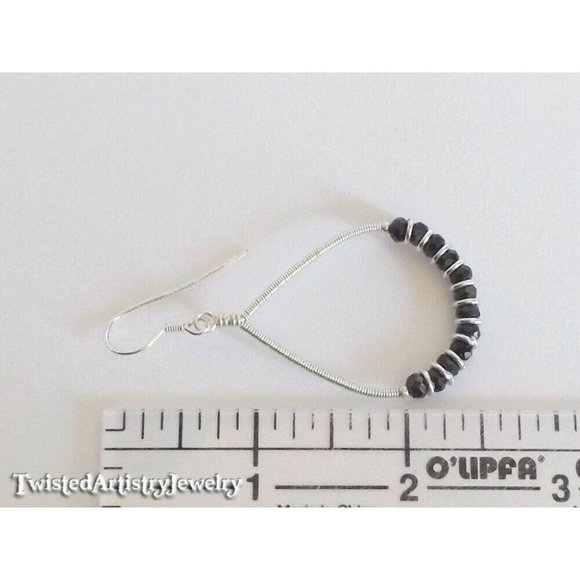 Black Crystals and Silver Wire Wrapped Teardrop Hoop Earrings Handmade - Picture 3 of 3